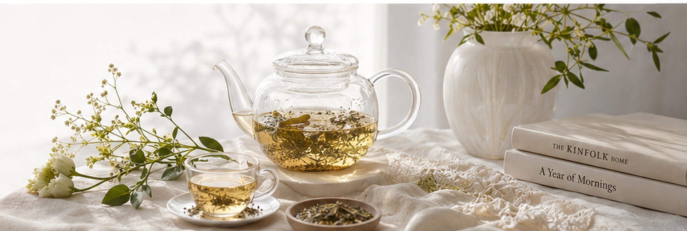Glass teaware, botanical herbs and soft natural light